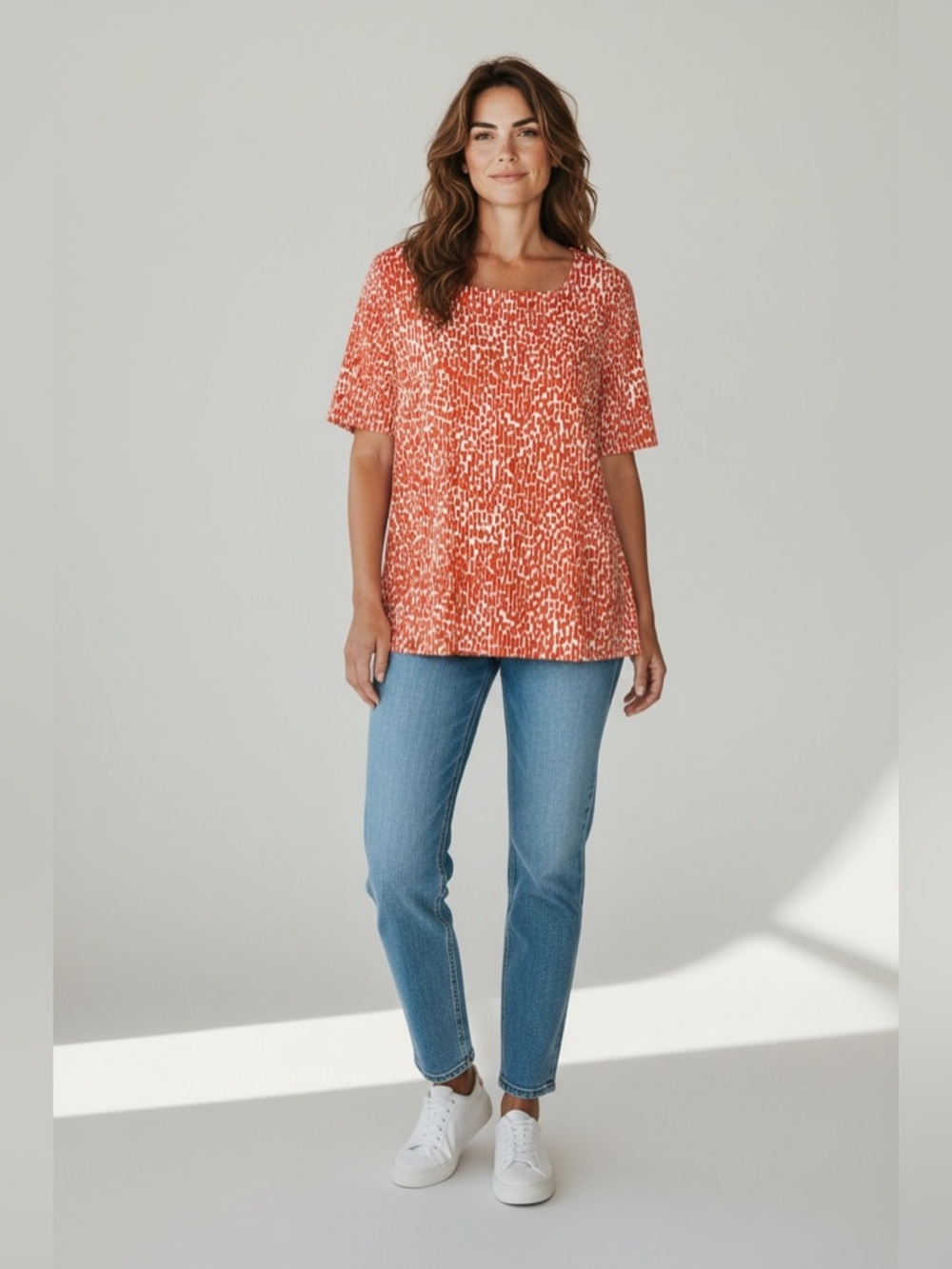 Chico's Orange & White Short Sleeve Geometric Scoop Neck Top